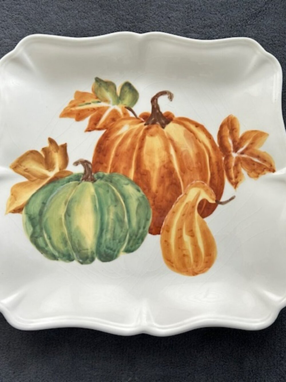 Maxcera 11” Square Scalloped Edge Pumpkin Harvest Platter Glossy Ceramic